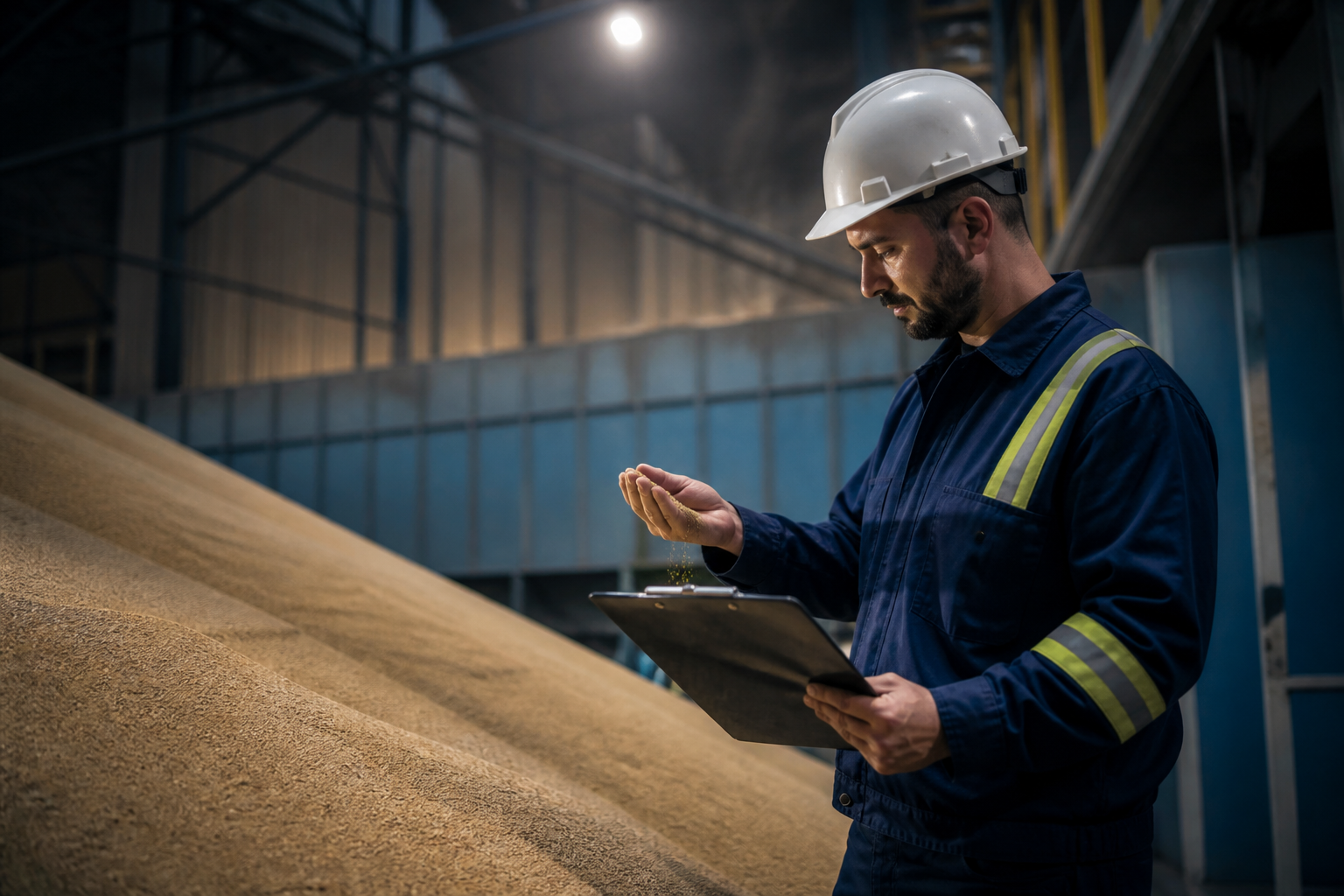 Warehouse worker inspecting commodity shipments for quality control